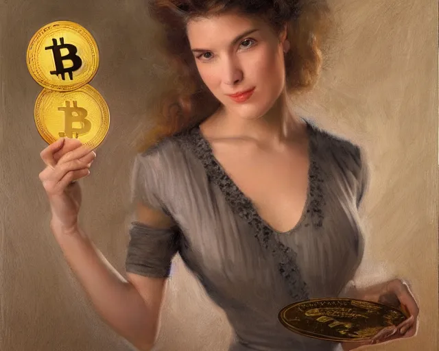 Image similar to attractive woman holding a golden bitcoin, commerial painting by annie liebovitz, gaston bussiere, craig mullins, j. c. leyendecker, 8 k