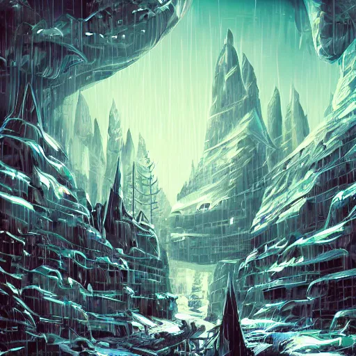 Prompt: mystic winter sci - fi monstercore landscape, cyberpunk atmosphere, vibrant colors