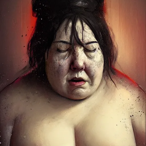 Prompt: portrait of the face of big fat old sumoringer as despair from sandman, venus of willendorf, by jeremy mann, by gregory crewdson, by bastien lecouffe deharme, by russ mills, sad face, topknot!!!, black hair, mourning, black eyes, white room, soft lightning, high detailed, 8 k