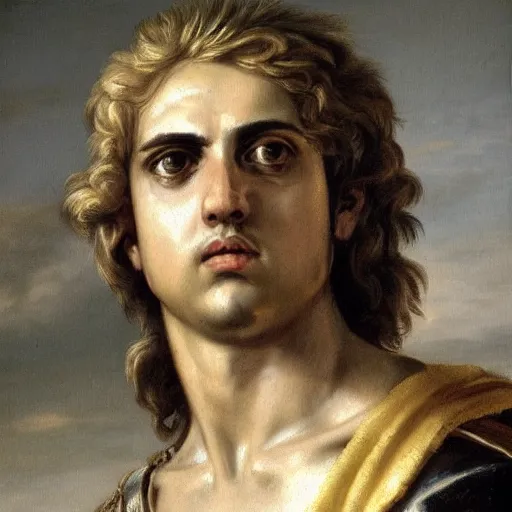 Image similar to A 17th century Baroque Painting of Alexander the Great, portrait of Alexander the Great, grainy, realistic, very realistic, hyperrealistic, highly detailed, very detailed, extremely detailed, very neat, very epic, very cool, detailed, trending on artstation