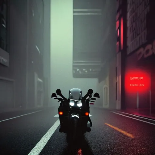 Prompt: dark and grey moody foggy extremely detailed and complex poster for playstation one pixelated polygon night time motorcycle video game, night time, motorcycle, fog, mist, buildings, city, traffic signs, barriers