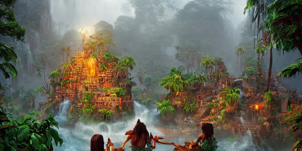 Image similar to aztec jungle village, ornate, beautiful, atmosphere, mist, vibe, smoke, beautiful, rain, reflection, pristine, puddles, waterfall, melting, dripping, wild look, mattepainting concept blizzard pixar maya engine splash comics global illumination lighting artstation, sharp focus, ilya kuvshinov, rossdraws