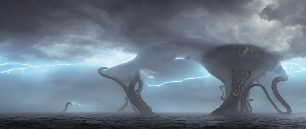 Image similar to a giant octopus god floating over a rain forest, lightning and sun rays, ambient light, a volcano erupts, still from the movie the arrival, 8k