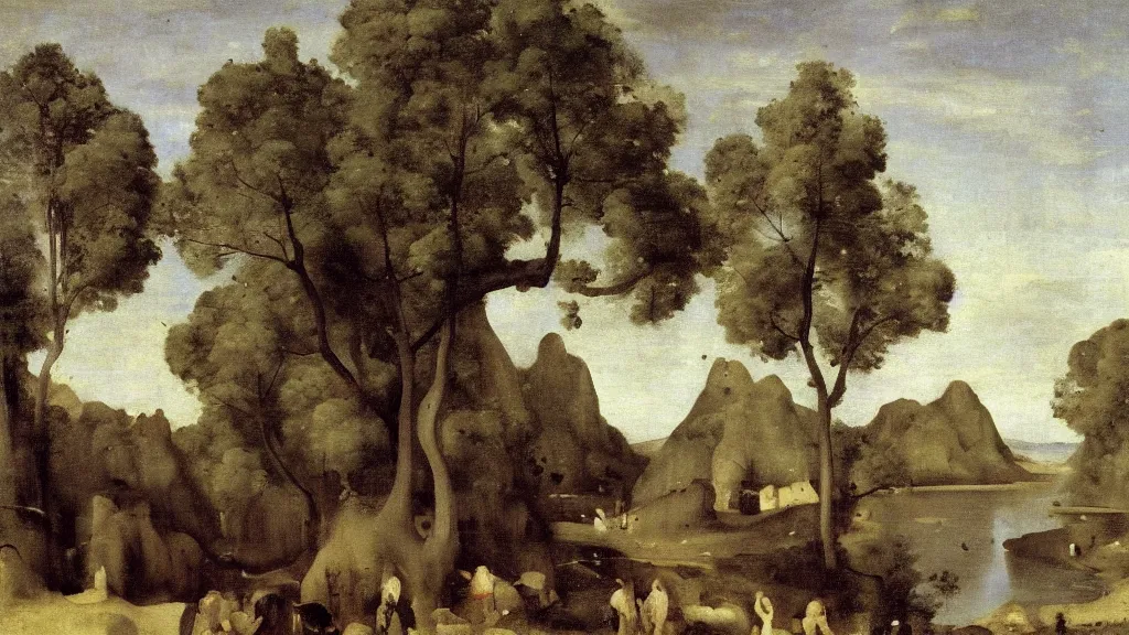 Prompt: high fantasy landscape, by camille corot, by hieronymus bosch, fine art, volumetric lighting