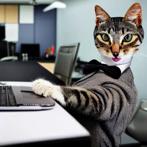 Image similar to photo of an anthropomorphic cat wearing a business suit using a computer in an office