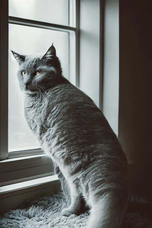 Image similar to “ fluffy grey cat lying on cat bed turning head to look out the window, lying on cat tree, cozy living room, warm, cotton, dramatic lighting, extremely high quality, leica m - a, lux 3 5 fle, portra 8 0 0 ”