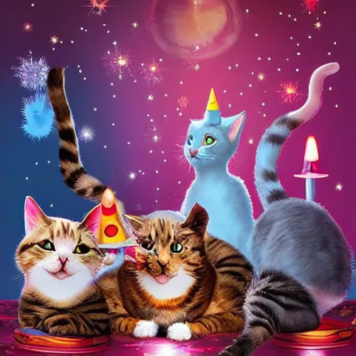 Prompt: cats party, 3d digital art, beautiful, magical atmosphere, concept and