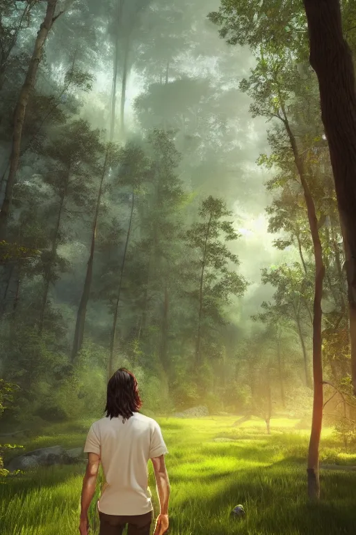 Image similar to young man with wavy back shoulder length hair, plain cotton shorts, back view, trees, detailed forest background, webtoon, breathtaking scenery, colourful, 8 k, graphic novel, digital art trending on artstation, volumetric lighting, octane render, cinematic, hyper detailed, magical atmosphere