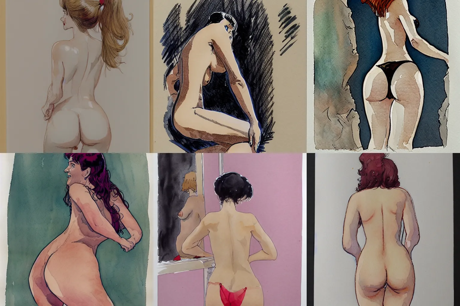 Prompt: the lower back of a nubile woman. watercolor drawing by hugo pratt and milo manara.