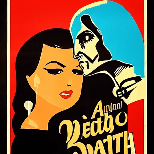 Prompt: a vintage movie poster 70s of a woman in love with Death, exploitation, by Saul Bass, famous