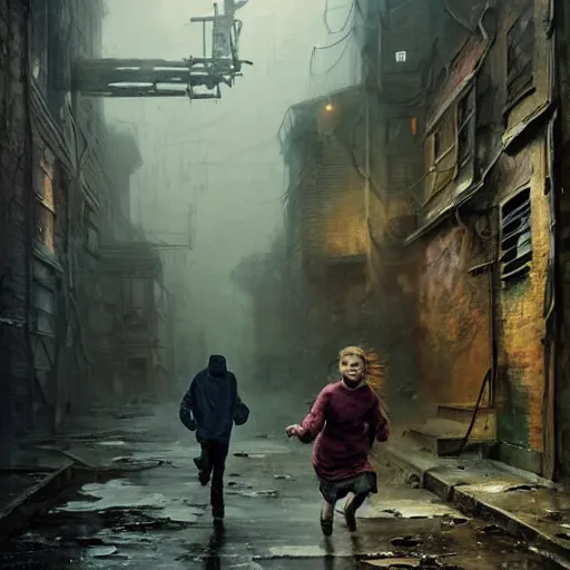 Prompt: sadie sink quickly runs by us ( in oversized hoodie ) away from a massive scary robot running to us | background : alleyway near decaying tenements. concept art for scifi dystopian film. by nikolay makovsky, bob byerley, wadim kashin, andrea kowch. cinematic moody atmosphere, detailed and intricate, perfect anatomy