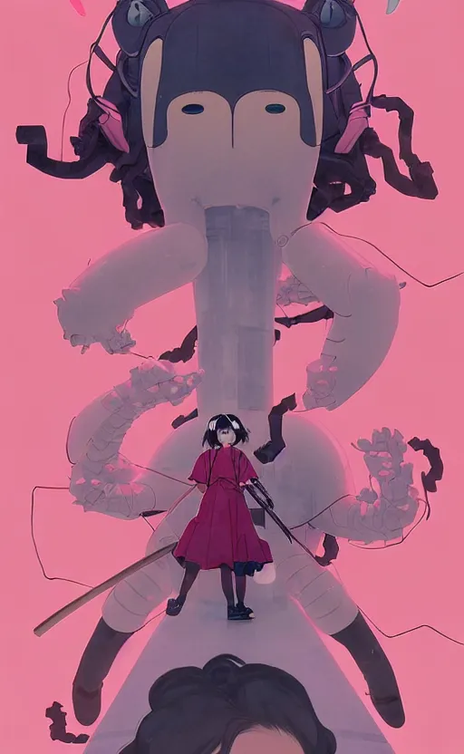 Image similar to Artwork by James Jean, Phil noto and hiyao Miyazaki ; a young Japanese future samurai police girl named Yoshimi battles an enormous looming evil natured carnivorous pink robot on the streets of Tokyo; Japanese shops and neon signage; crowds of people running; Art work by hiyao Miyazaki, Phil noto and James Jean