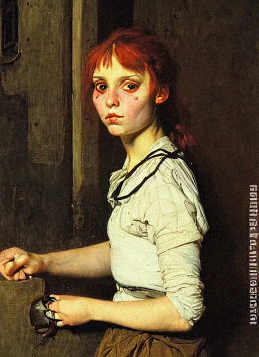 Prompt: a portrait of a pretty sewer punk young lady by albrecht anker