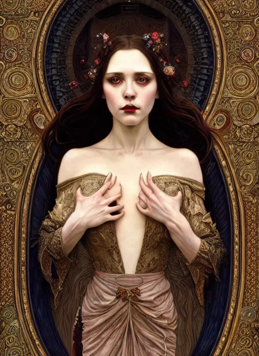 Image similar to hyper detailed masterpiece vampire girl duchess by donato giancola and tom bagshaw, face by artgerm and edmund leighton, and alphonse mucha, trending on artstation, dreamlike, melancholy aesthetic, ornate, background by gustav klimt, 8 k, black gothic, majestic, volumetric lighting, porcelain skin, concept art, sharp focus