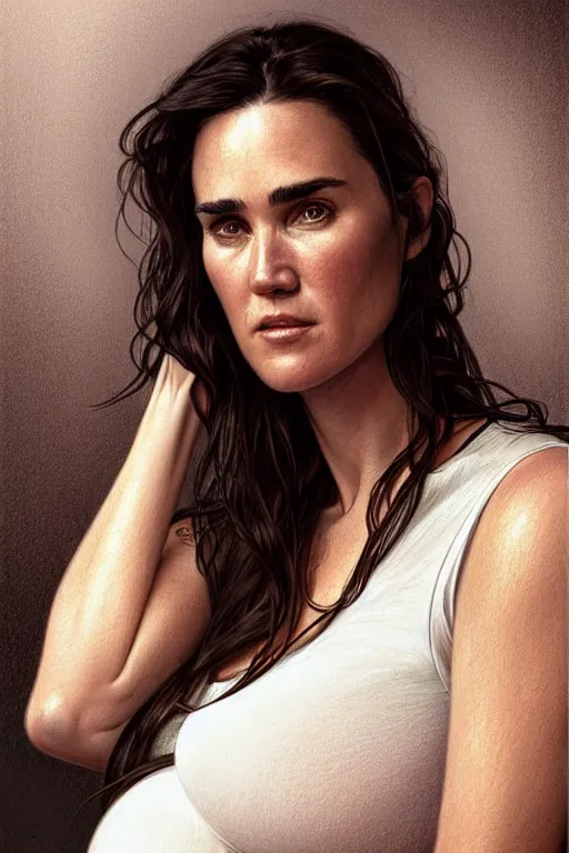 Image similar to pregnant jennifer connelly in a white tank top, realistic portrait, symmetrical, highly detailed, digital painting, artstation, concept art, smooth, sharp focus, illustration, cinematic lighting, art by artgerm and greg rutkowski and alphonse mucha