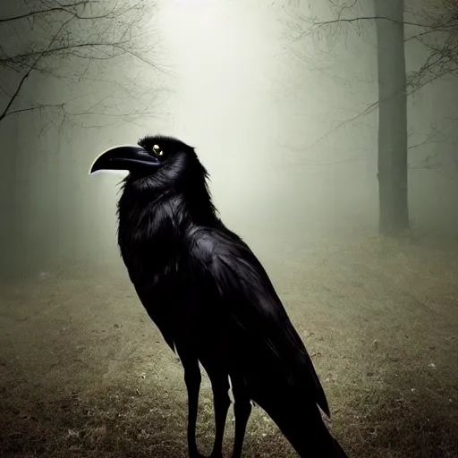 Image similar to werecreature consisting of a crow and a human, featured on artstation, photograph captured in a dark forest