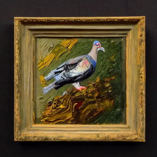 Prompt: oil paint impasto relief, beautiful wood pigeon, multi layered thick brush marks, in the style of ivan shishkin and frank auerbach and van gogh