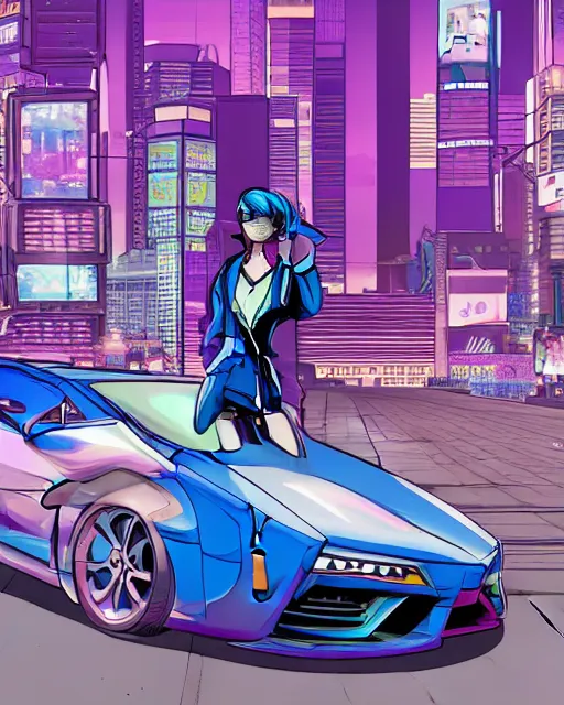 Image similar to cel shaded art of a pretty blue haired girl standing next to a purple lamborghinil, jet grind radio graphics, cyberpunk city street background