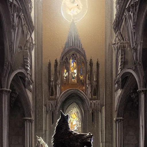 Image similar to werewolf in the city lviv church of st. elizabeth, portrait, highly detailed, full body, digital painting, trending on artstation, concept art, sharp focus, illustration, art by artgerm and greg rutkowski and magali villeneuve