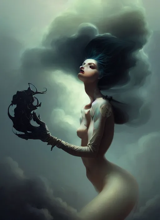 Prompt: woman turning to vapour, backround dark, highly detailed, digital illustration, trending in artstation, modern painting, smooth, sharp focus, intricate, by peter mohrbacher