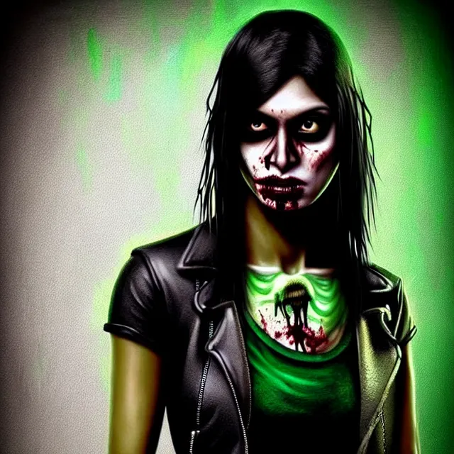 Prompt: epic professional digital airbrushed portrait art of an attractive and athletic, fit, East Indian supermodel emo female zombie wearing a slightly torn tee shirt under a leather jacket, with deep green eyes, scary portrait, walking dead, best on artstation, cgsociety, wlop, Behance, pixiv, cosmic, epic, stunning, gorgeous,, masterpiece by Dorian Cleavanger and Stanley Lau