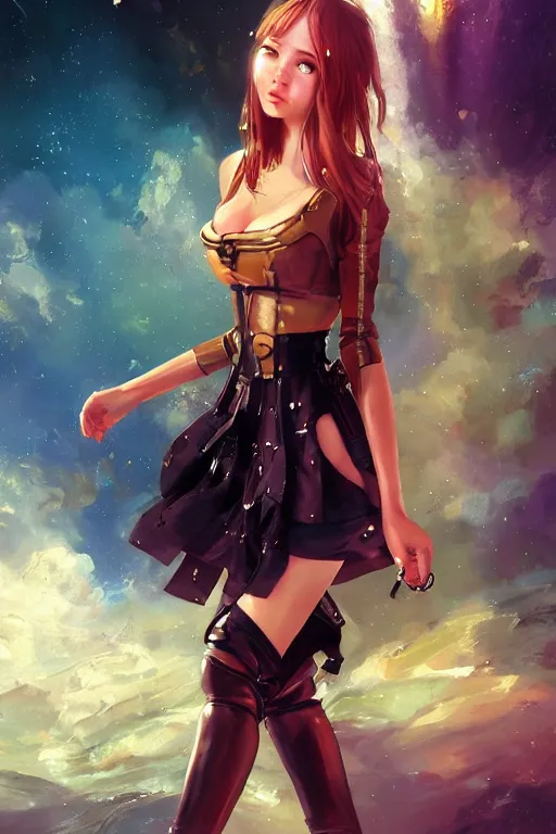 Prompt: digital art of a beautiful girl wearing a leather mini skirt in a steampunk spaceship, expressive oil painting, by wlop, by artgerm, by dan mumford, anime style, octane render, full body shot