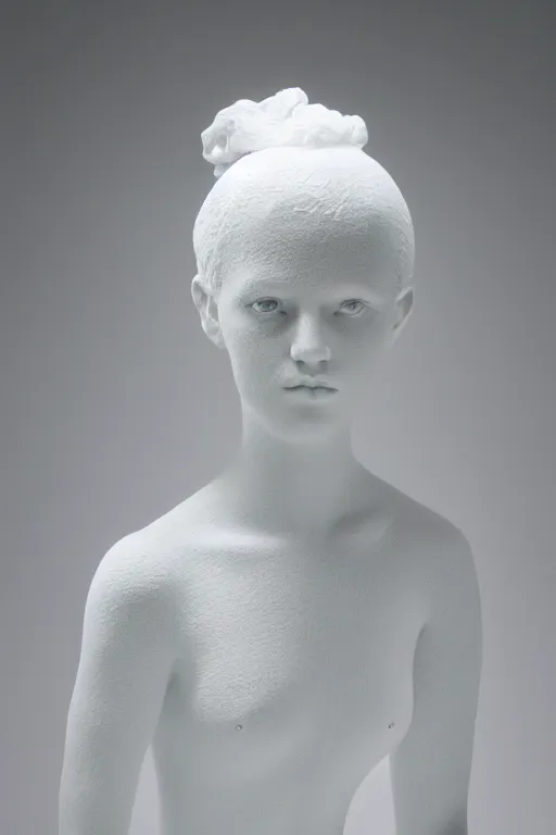 Image similar to full head and shoulders, beautiful female porcelain sculpture by daniel arsham and james jean, smooth, all white features on a white background, real reflective hair made from solid gold twisted on top of head, delicate facial features, white eyes, white lashes