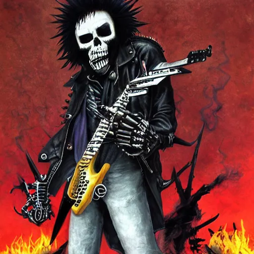 Image similar to a portrait of the grim reaper as a punk rocker playing an electric guitar, punk, skeleton face, mohawk, dark, fantasy, leather jackets, spiked collars, spiked wristbands, piercings, boots, ultrafine detailed painting by frank frazetta and vito acconci and michael whelan and takeshi obata, death note style, photoshop details