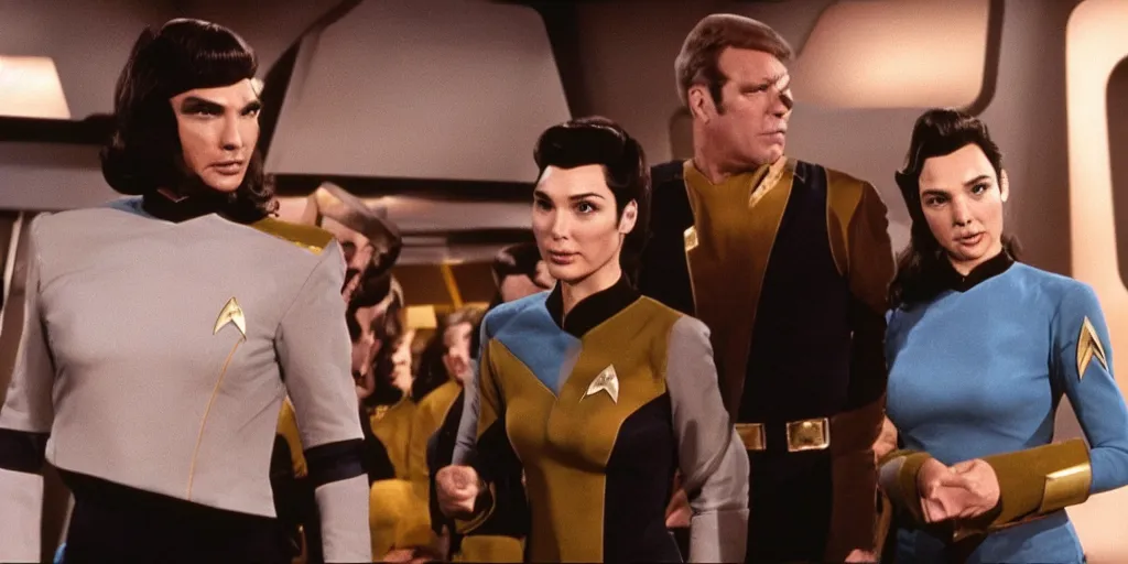 Image similar to a scene from Trouble with Tribbles, an episode of the original Star Trek series, with Gal Gadot, in Starfleet uniform, in the role of Captain Kirk