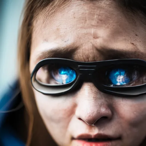 Prompt: photographic portrait of a poor techwear woman holding back tears, closeup, sigma 85mm f/1.4, 4k, depth of field, high resolution, 4k, 8k, hd, full color