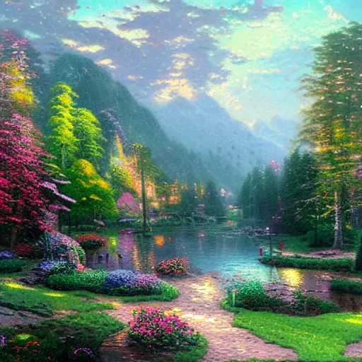 Prompt: a beautiful landscape by thomas kinkade