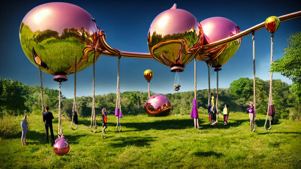 Prompt: large colorful futuristic space age metallic steampunk balloons with pipework and people on rope swings underneath, flying high over the beautiful countryside landscape, professional photography, 8 0 mm telephoto lens, realistic, detailed, digital art, unreal engine