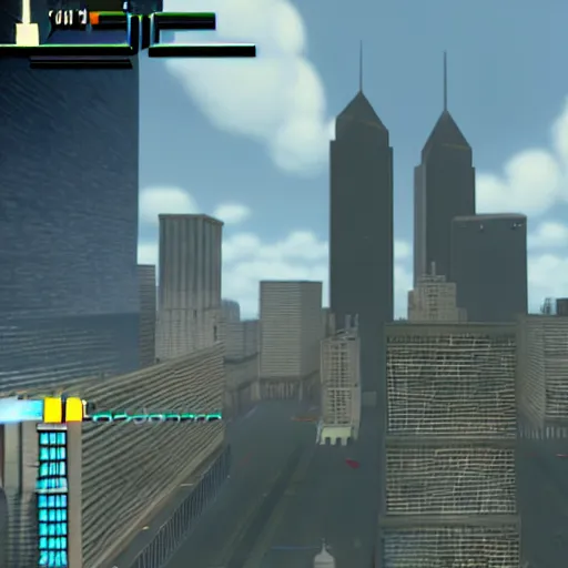 Image similar to a screenshot from the video game super 9 / 1 1, in which players control planes and intend to hit as many towers as possible