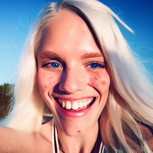 Image similar to beautiful selfie of a cute thin young woman smiling smugly, long light platinum blonde hair, flushed face, small heart - shaped face, cute freckles, light blue eyes, golden hour, 8 k, instagram