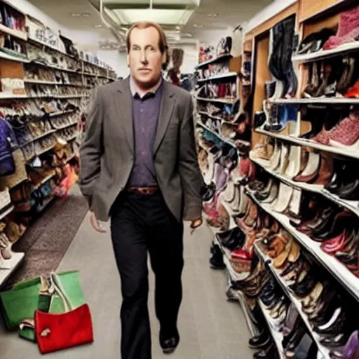 Image similar to Bob Odenkirk shopping for women’s shoes, PS2 game, third-person perspective