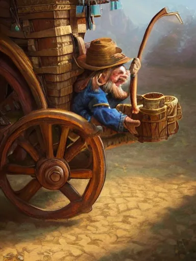 Prompt: a tinker carrying a giant wagon full of trinkets and hanging artifacts. intricate, elegant, highly detailed, digital painting, artstation, concept art, sharp focus, illustration, by justin gerard and artgerm, 8 k