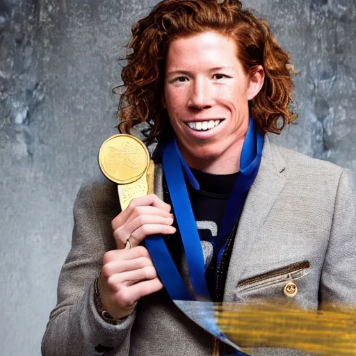 Image similar to high quality portrait of shaun white holding a gold medal with blue sky above him, rule of thirds, upper body shot, sharp focus, extremely detailed, studio photography