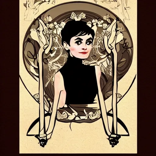 Prompt: powerful seductive female halfling necromancer, audrey hepburn, art nouveau