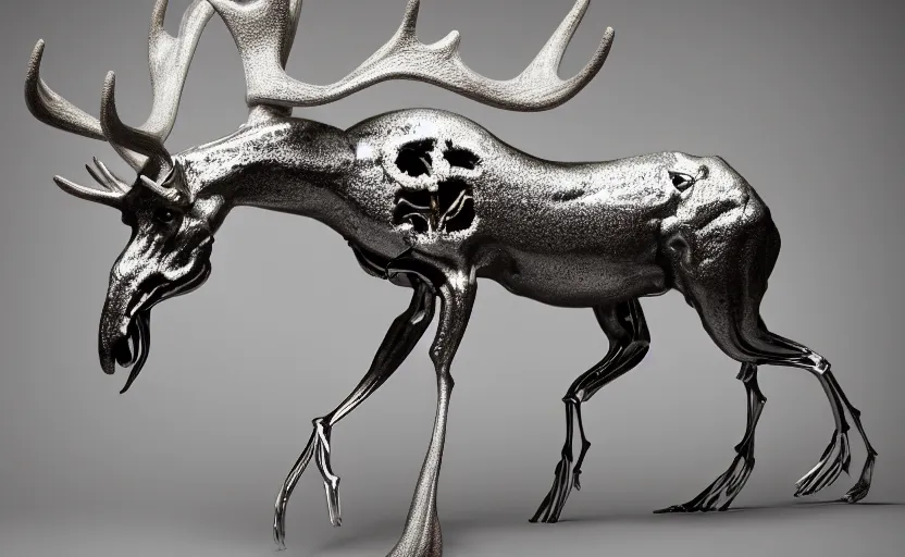 Prompt: stylized shiny polished silver statue full body extra limbs bizarre cosmic horror quadruped animal moose deer skull four legs made of marble of slug creature tendrils, perfect symmetrical body, perfect symmetrical face, hyper realistic, hyper detailed, by johannen voss, by michelangelo, octane render, blender, 8 k, displayed in pure white studio room austere