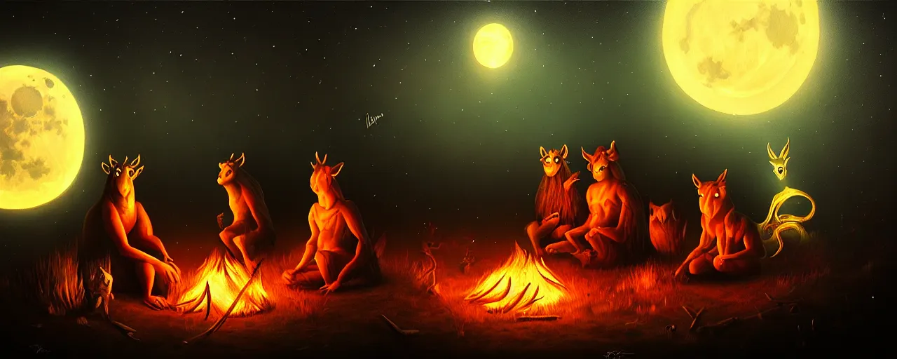 Image similar to strange mythical beasts of sitting around a fire under a full moon, surreal dark uncanny painting by ronny khalil