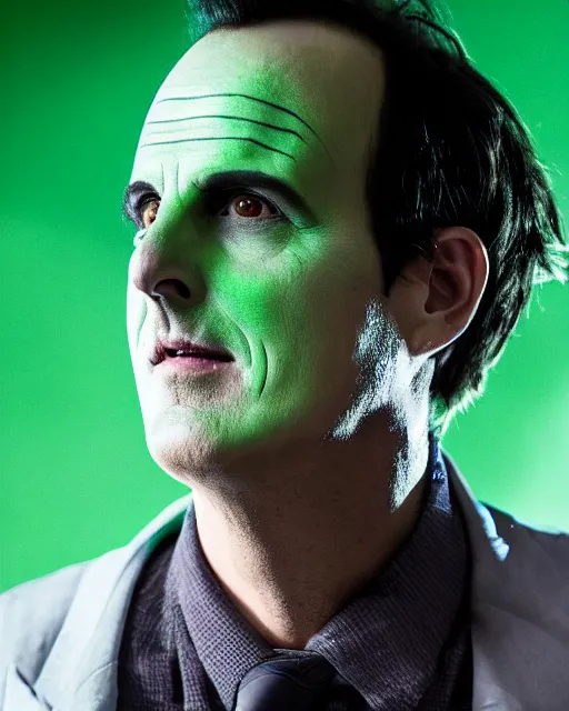 Image similar to Will Arnett as Beetlejuice, makeup, dark green hair, cinematic lighting, 4k photograph