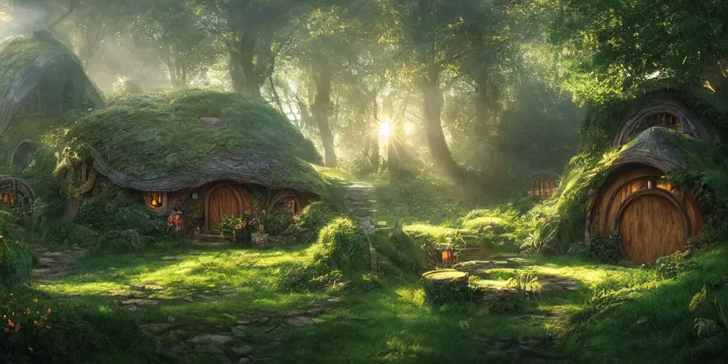 Image similar to ambience, atmosphere, sunbeams, lush and beautiful concept art for the shire and hobbit houses, lord of the rings, peter jackson, studio ghibli, detailed, realistic lighting, volumetric lighting, golden hour,