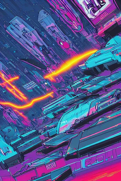 Image similar to thunders in the sky in a future cybernetic city, outrun style and colours, trending on arstation, by dan mumford, by ross tran