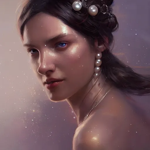 Image similar to a woman with pearls and glittering skin, a detailed painting by greg rutkowski and raymond swanland, featured on cgsociety, fantasy art, detailed painting, artstation hd, photorealistic