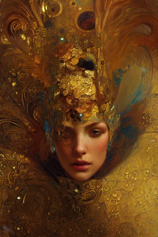 Image similar to an intricate artistic klimt golden motives and textures, hyper detailed, ornamental gold headpiece, octane render, vivid colors, artstation, by jeremy mann, by alphonse mucha, by boris vallejo