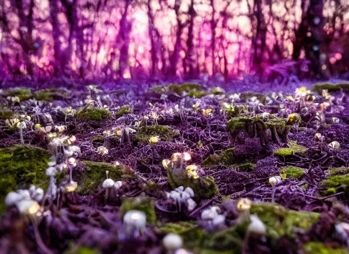 Prompt: a fantasy forest on an alien planet with delicate flowers and mushrooms that glow in the dusk, macro close up, f32, bokeh,