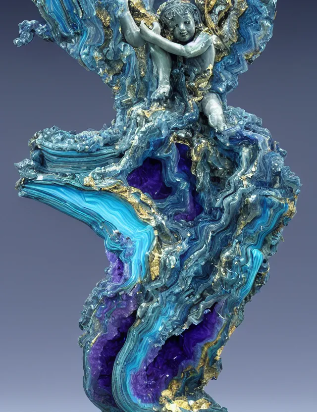 Prompt: a sculpture of a winged child made from blue and emerald and amethyst crystal geode formations with flowing marble water with obsidian base with liquid gold tendrils flowing by carlo maria mariani by stanisław szukalski, tesseract!!!, octane render, byzantine, spirals, elestial crystals, geode,