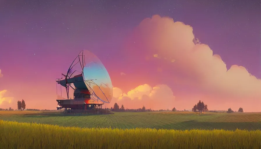 Prompt: colourful sky, wheat field, radio telescope, big trees, matte painting, art station, digital art, simon stalenhag