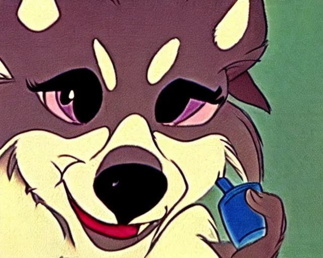 Prompt: a cute wolf pup with big eyes chewing on a bone, still from disney's beauty and the beast from 1 9 9 1, by glen keane