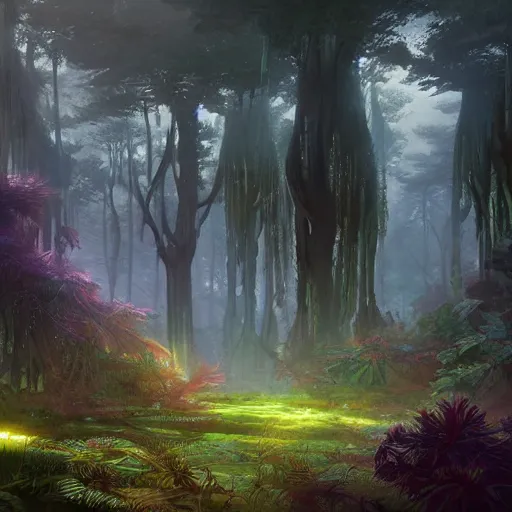 Image similar to concept art painting of a mystical alien fantasy forest, with fog and strange colorful plants, realistic, detailed, cel shaded, in the style of makoto shinkai and greg rutkowski and james gurney